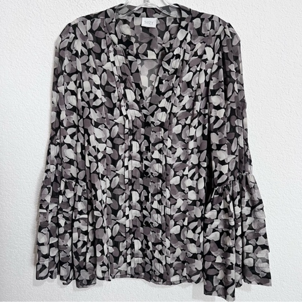 Suzy Suzy Shier Black Monochrome Boho Business Career Blouse Medium